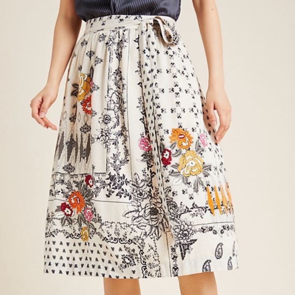 Anthropologie Devi Embroidered Midi Skirt M